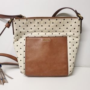 Fossil Womens Fiona Polka Dots Canvas Crossbody Shoulder Purse Bag